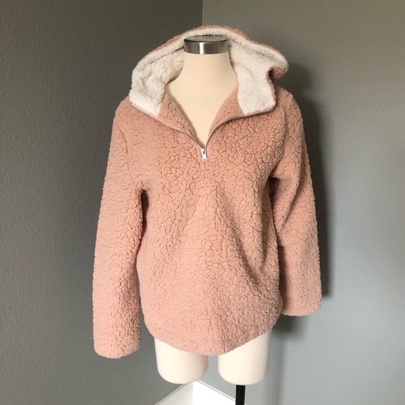 Coeur de Vague Blush Fluffy Quarter-Zip Plush Hoodie Fleece Sweatshirts - Picture 2 of 16